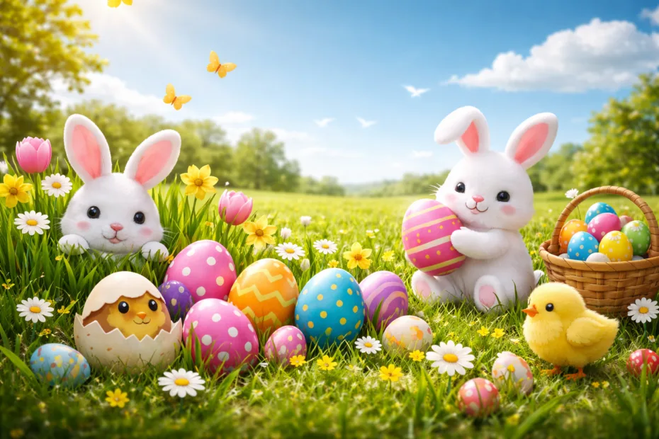 Easter celebration with colorful eggs, rabbits, and coins in a cheerful outdoor setting.