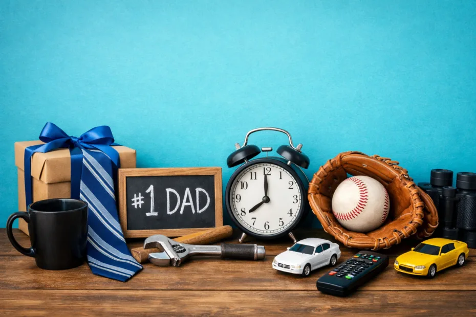 A clock, coins, and a gift box with a ribbon symbolize how many days until Father's Day.
