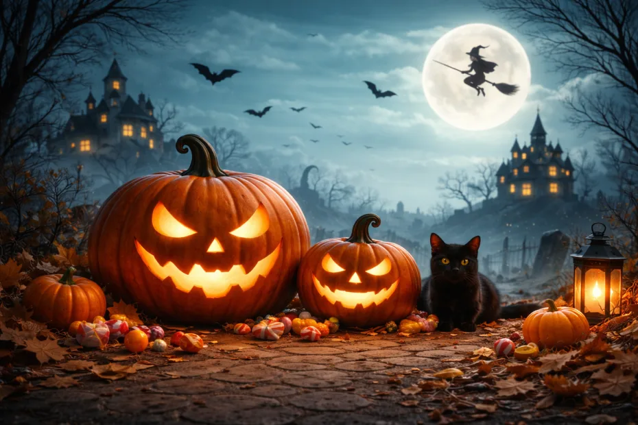 Halloween countdown with spooky pumpkins, a full moon, and flying bats showing how many days until Halloween.