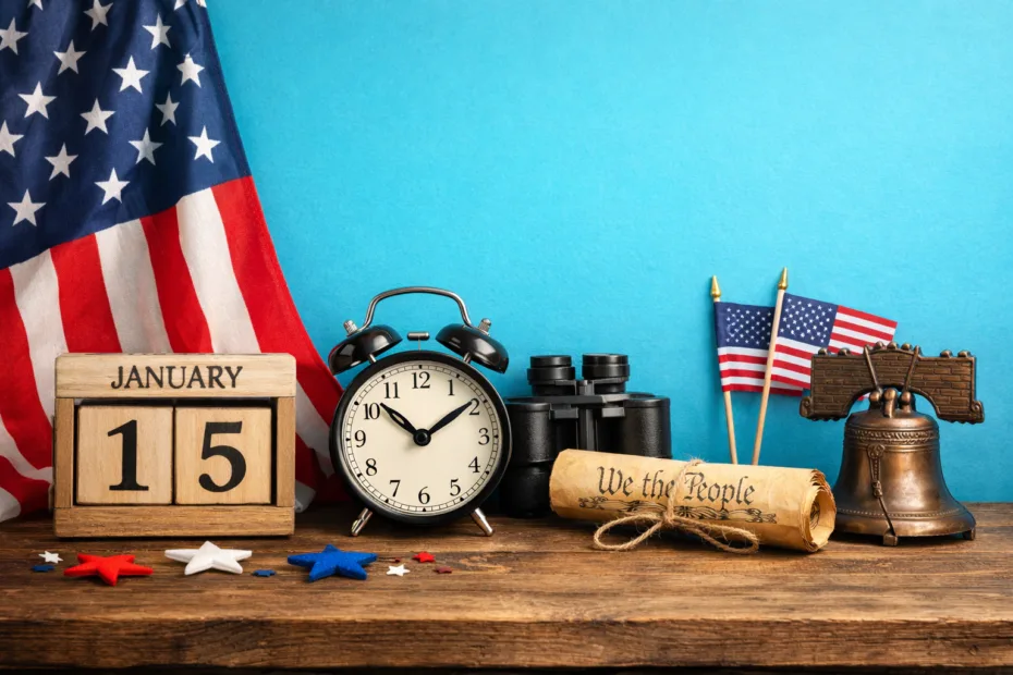 A desk with a small clock, US flag, and MLK Day calendar, showing how many days until the holiday.