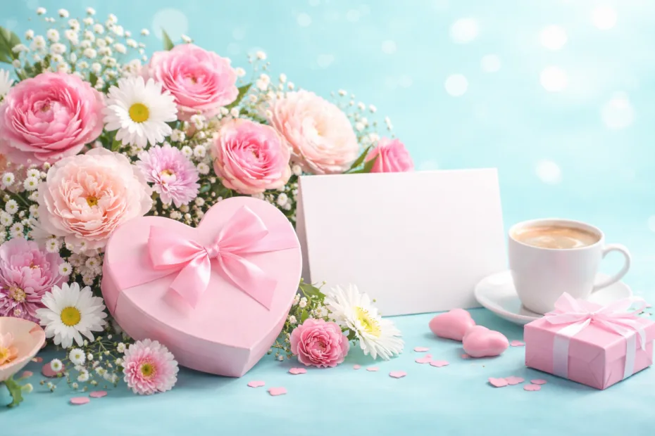 A bouquet of pink flowers and a heart-shaped gift box sit alongside coins, celebrating Mother's Day and indicating how many d…