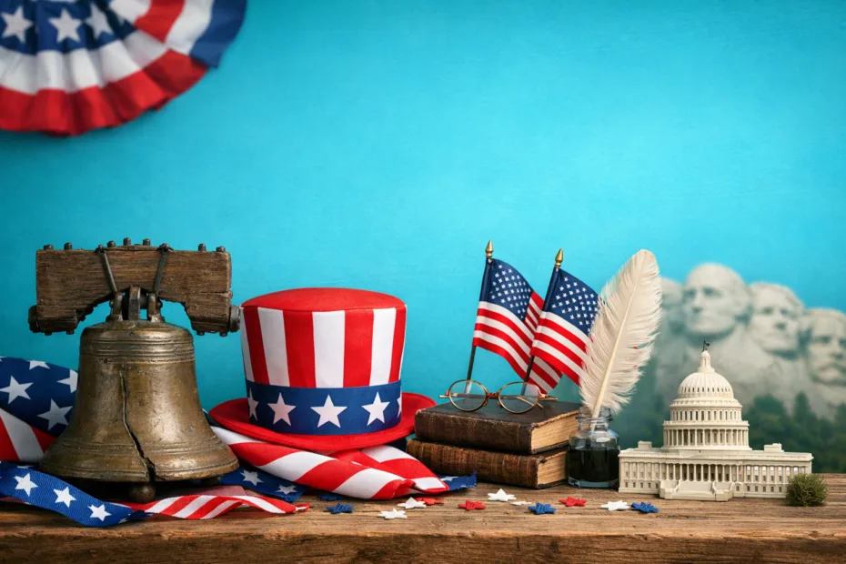 A festive scene with a red, white, and blue top hat, small American flags, and coins, celebrating Presidents' Day in 10 days.