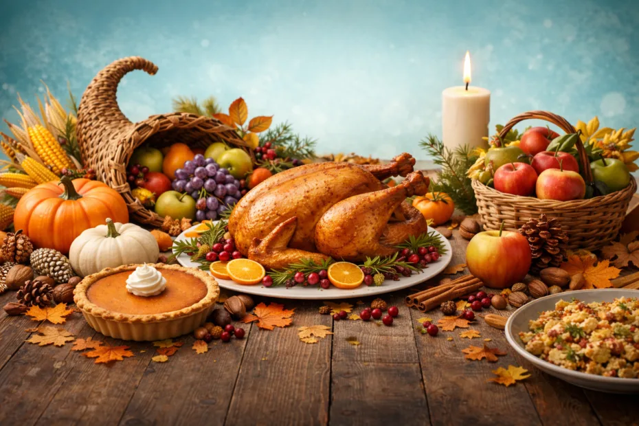 A Thanksgiving celebration shown with a roasted turkey, coins, and a lit candle on a wooden table.
