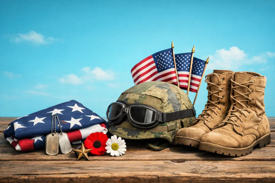 A canvas of veterans day with a helmet, medals, and American flags representing the upcoming observance in a few days.