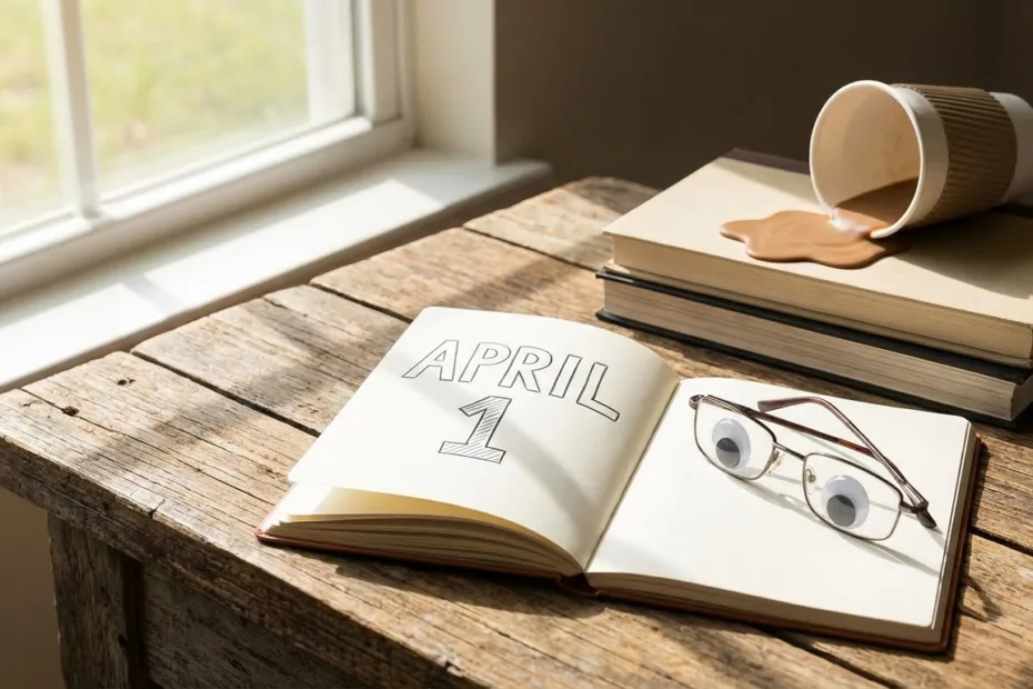 An open book showing April Fools' Day with coins and a calendar page on a wooden table.