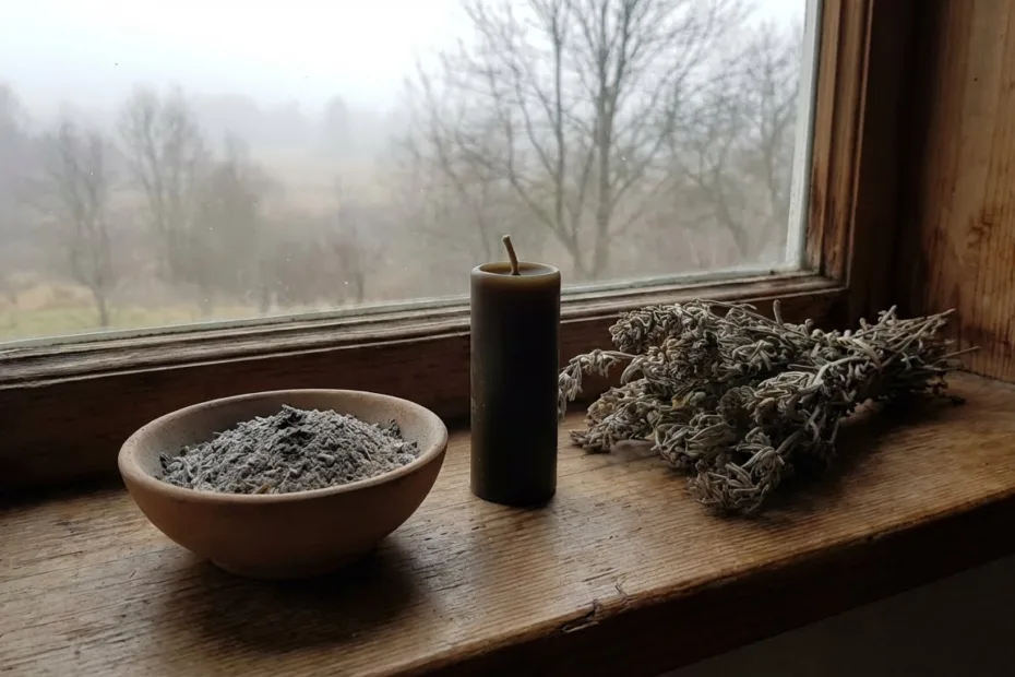 A bowl of ashes and a candle sit on a windowsill with trees outside, showing how many days until Ash Wednesday.