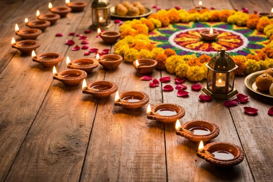 Diwali celebration with lit oil lamps and colorful flowers, showing a small stack of coins, counting down to the festival.