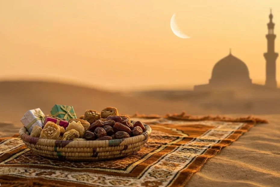 A basket of dates and coins with a sunset over the sea, showing how many days until Eid al-Adha.
