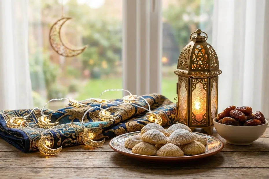 A lantern and coins beside a crescent moon on a table, showing how many days until Eid al-Fitr.