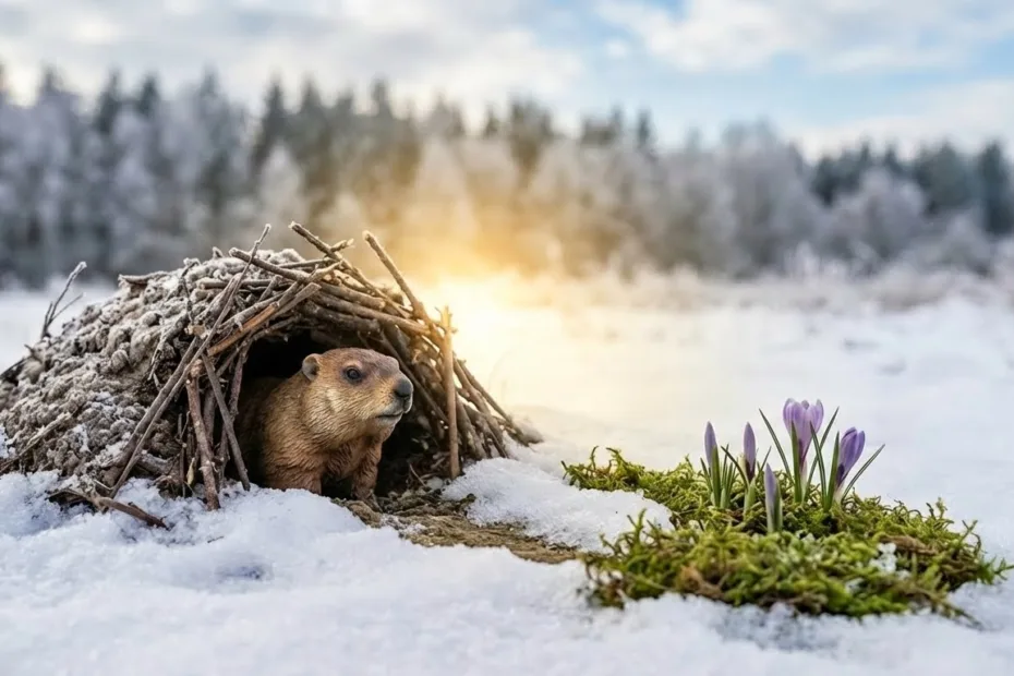 Groundhog peeking out of its burrow while a calendar and coins lie nearby, showing how many days until Groundhog Day.