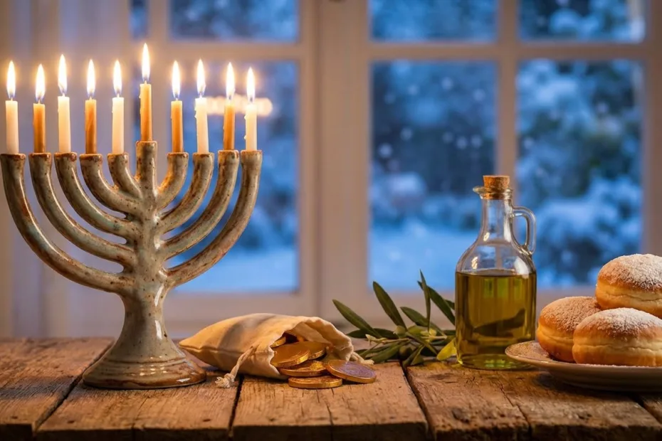 A menorah and coins on a wooden table with Hanukkah decorations; only 3 days until Hanukkah celebration.