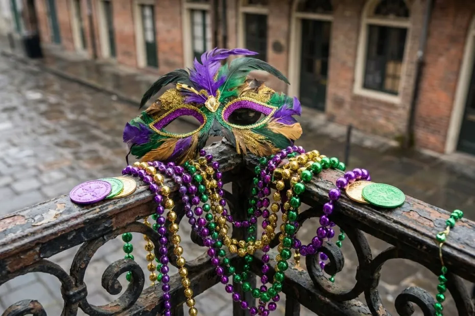 Mardi Gras mask, beads, and coins sit next to colorful decorations symbolizing the celebration.