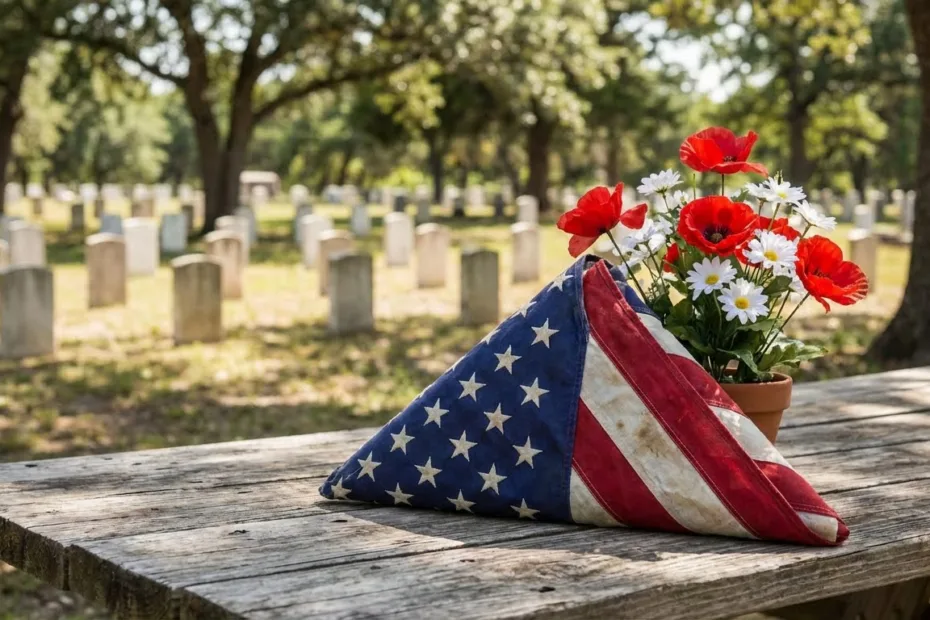 A Memorial Day bouquet of red flowers with an American flag draped over a row of gravestones in a cemetery.