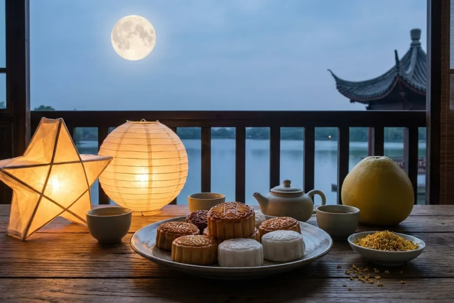 People enjoy mooncakes and lanterns during the mid-autumn festival with a full moon in the night sky.