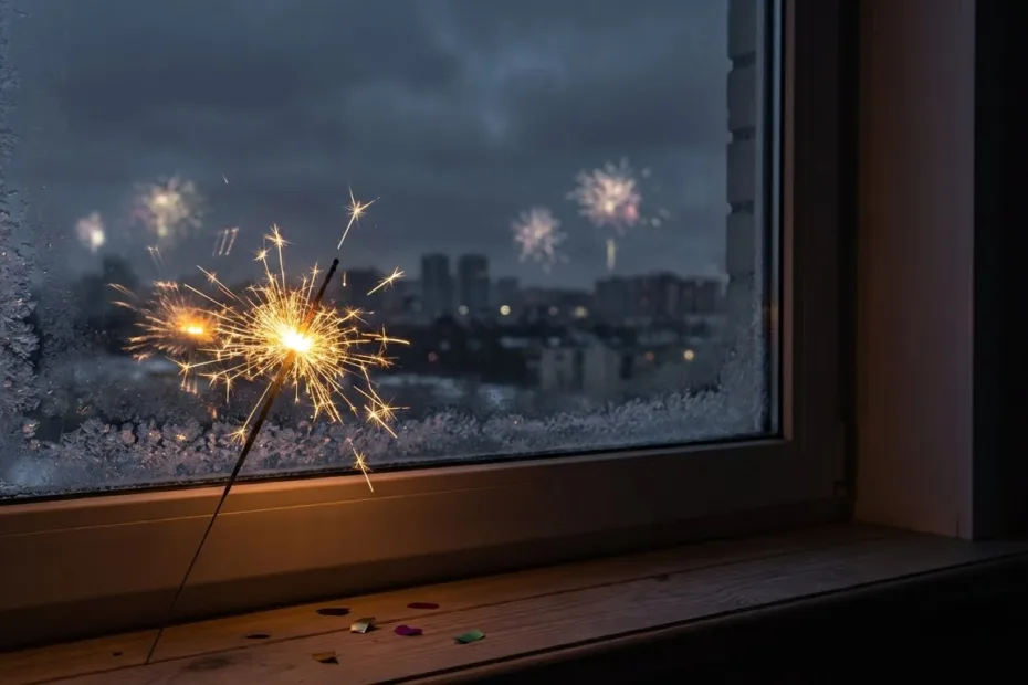 A person holding a sparkler near a window with fireworks, showing how many days until New Year's Eve.