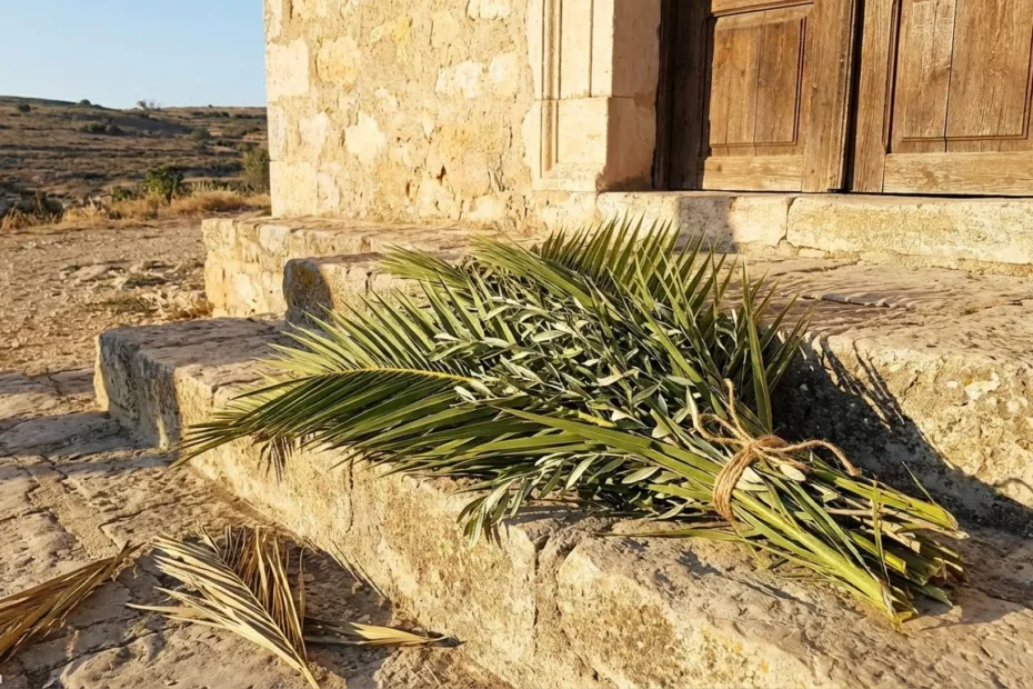 A palm branch lying on stone steps with coins scattered nearby, symbolizing Palm Sunday celebrations.