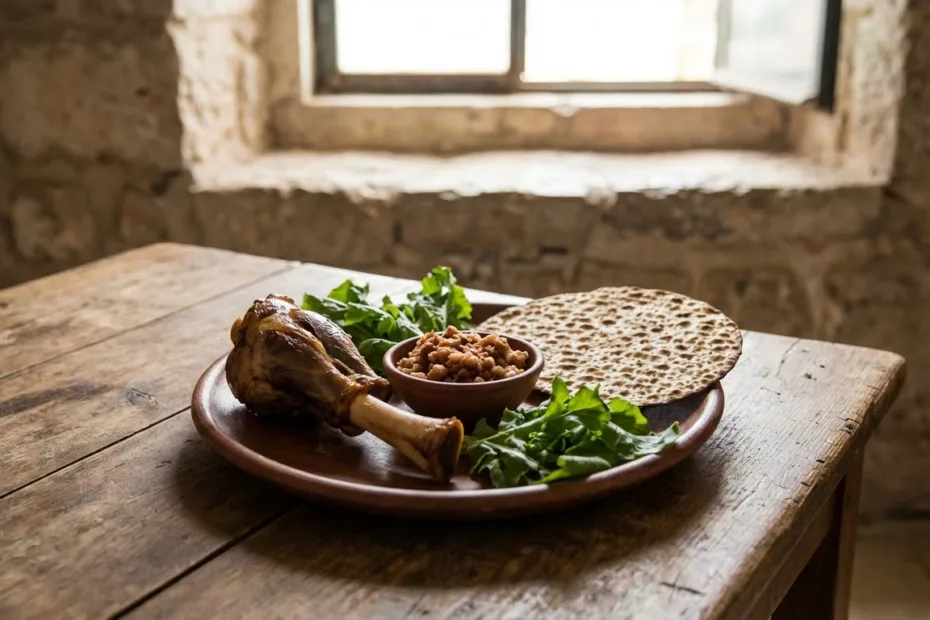 A plate with matzah, lamb, and parsley next to coins, symbolizing Passover and counting the days until the celebration.