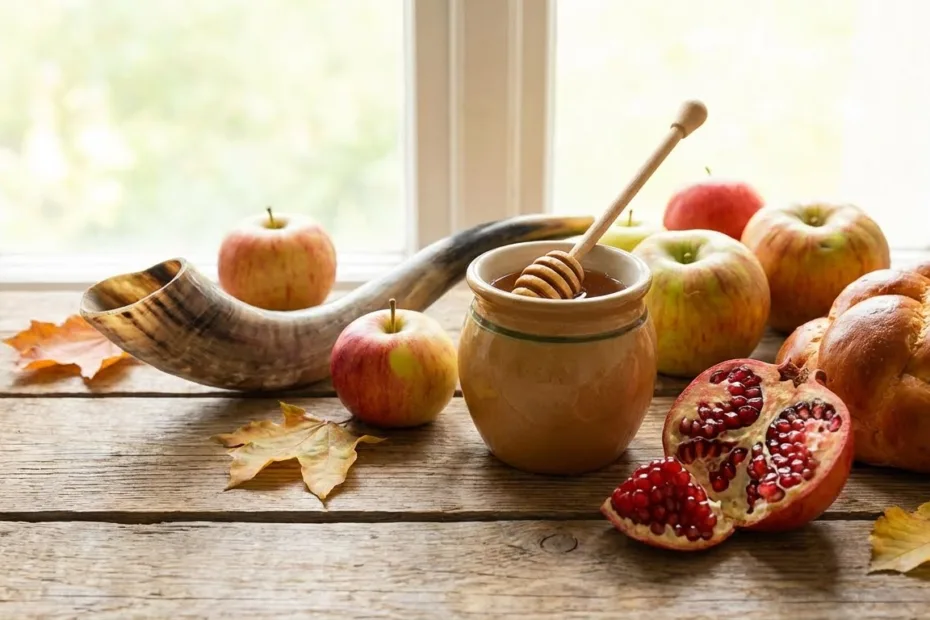 A jar of honey, apples, and coins on a wooden table illustrating how many days until Rosh Hashanah.