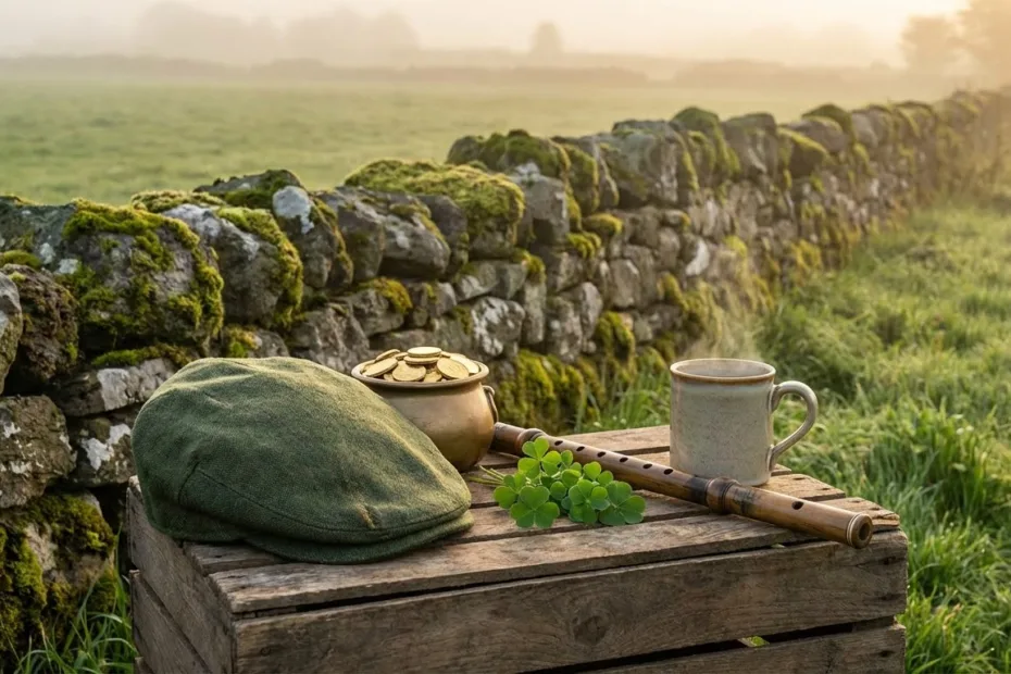 A small garden scene with coins, a mug, and a plant, illustrating how many days until St. Patrick's Day.