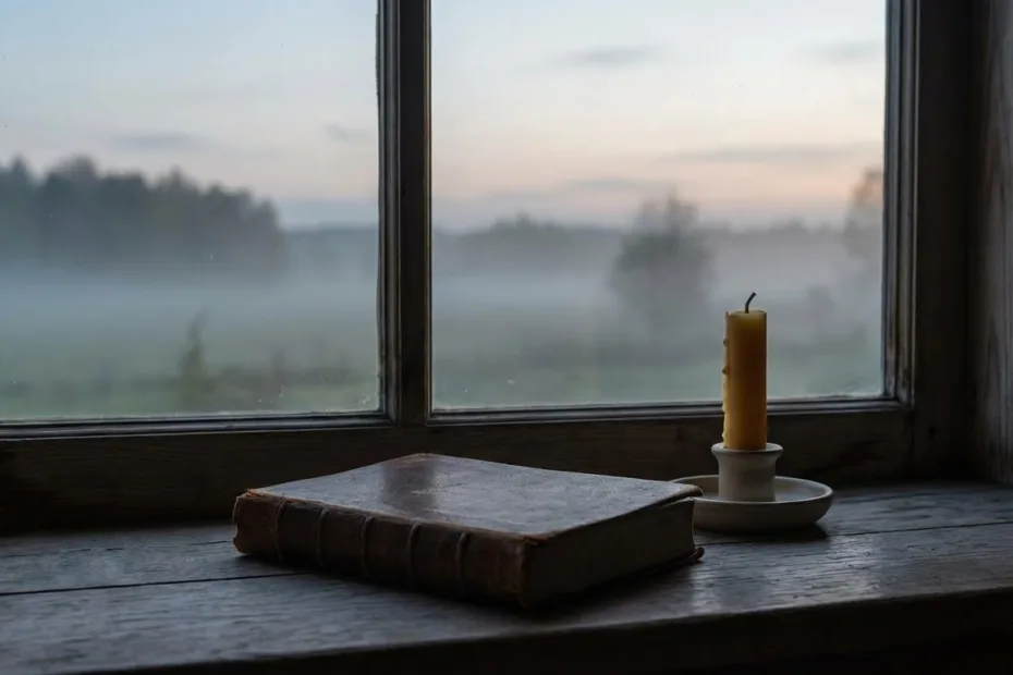 A candle and a prayer book sit on a windowsill as Yom Kippur approaches, with a faint city skyline and coins in the backgroun…