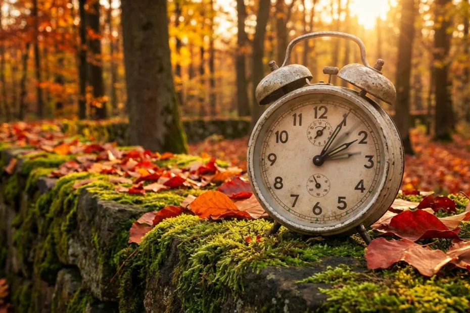 A clock shows 2:00 with autumn leaves on a mossy surface as daylight saving time ends.