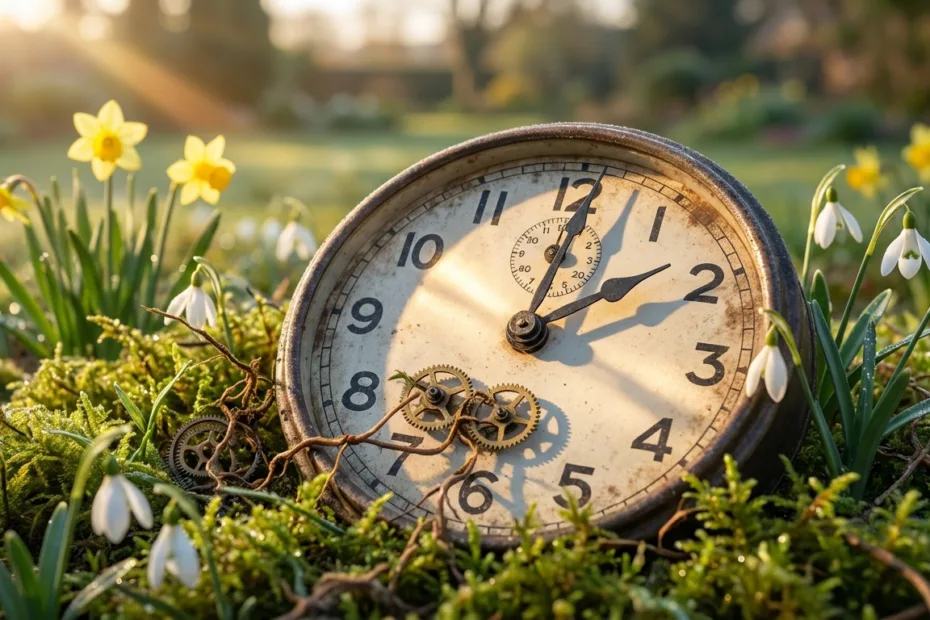 A vintage clock showing the time as daylight saving time starts, surrounded by yellow flowers.