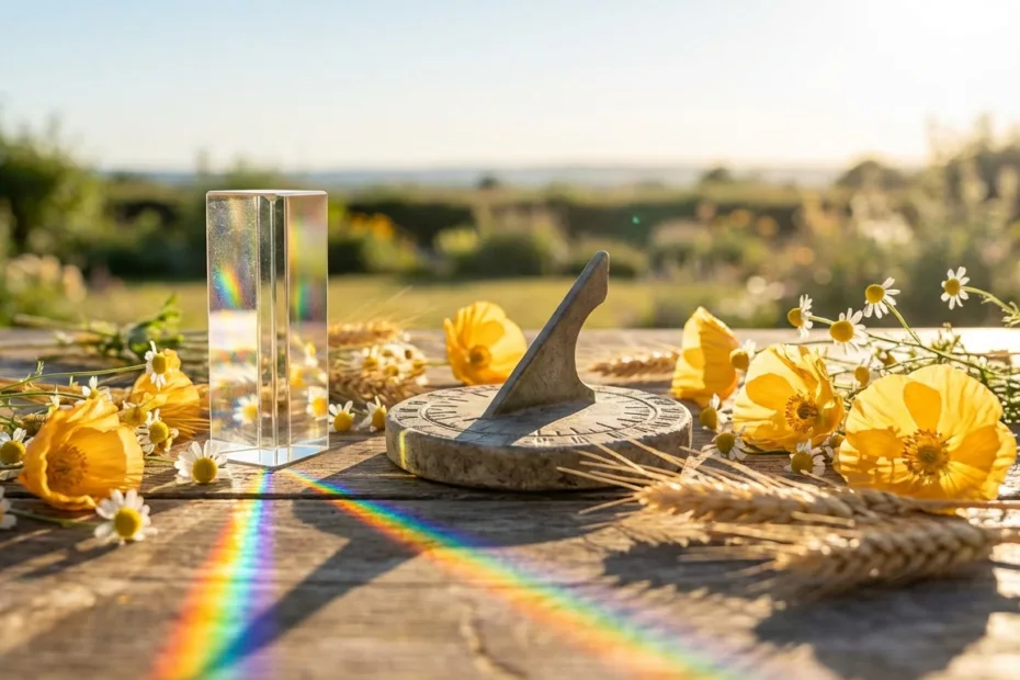 The summer solstice is celebrated with a table set outdoors featuring a glass of water, yellow flowe…