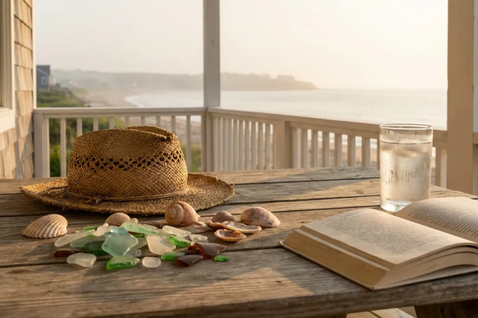 A sunny summer scene with a straw hat and sunglasses on a porch table.