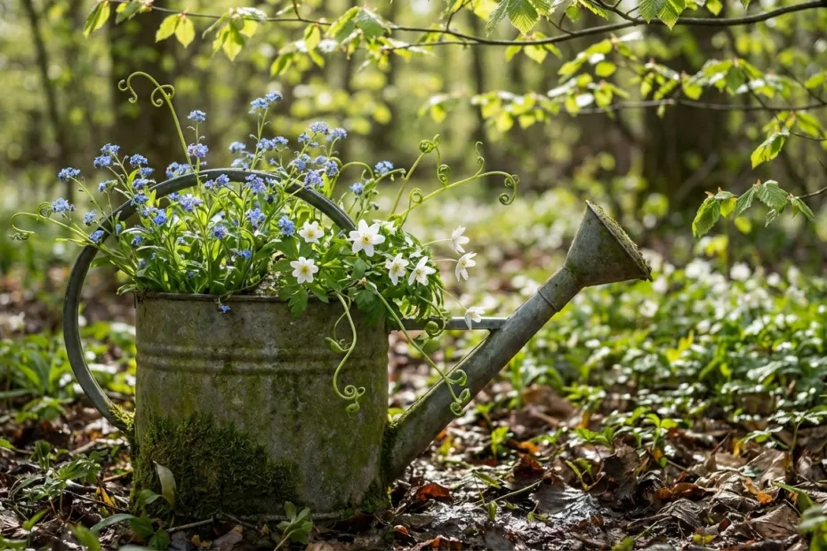 A watering can beside blooming spring flowers in a garden, counting days to enjoy spring.