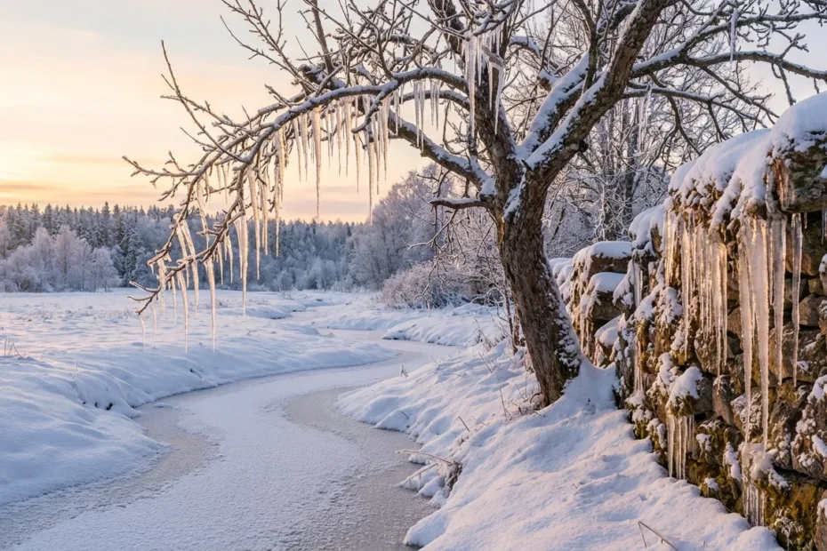A snow-covered tree near a frozen river illustrates how many days until winter ends.