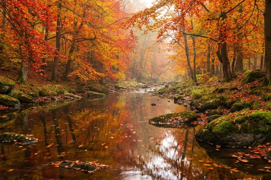 A peaceful autumn scene with colorful leaves falling over a quiet river.